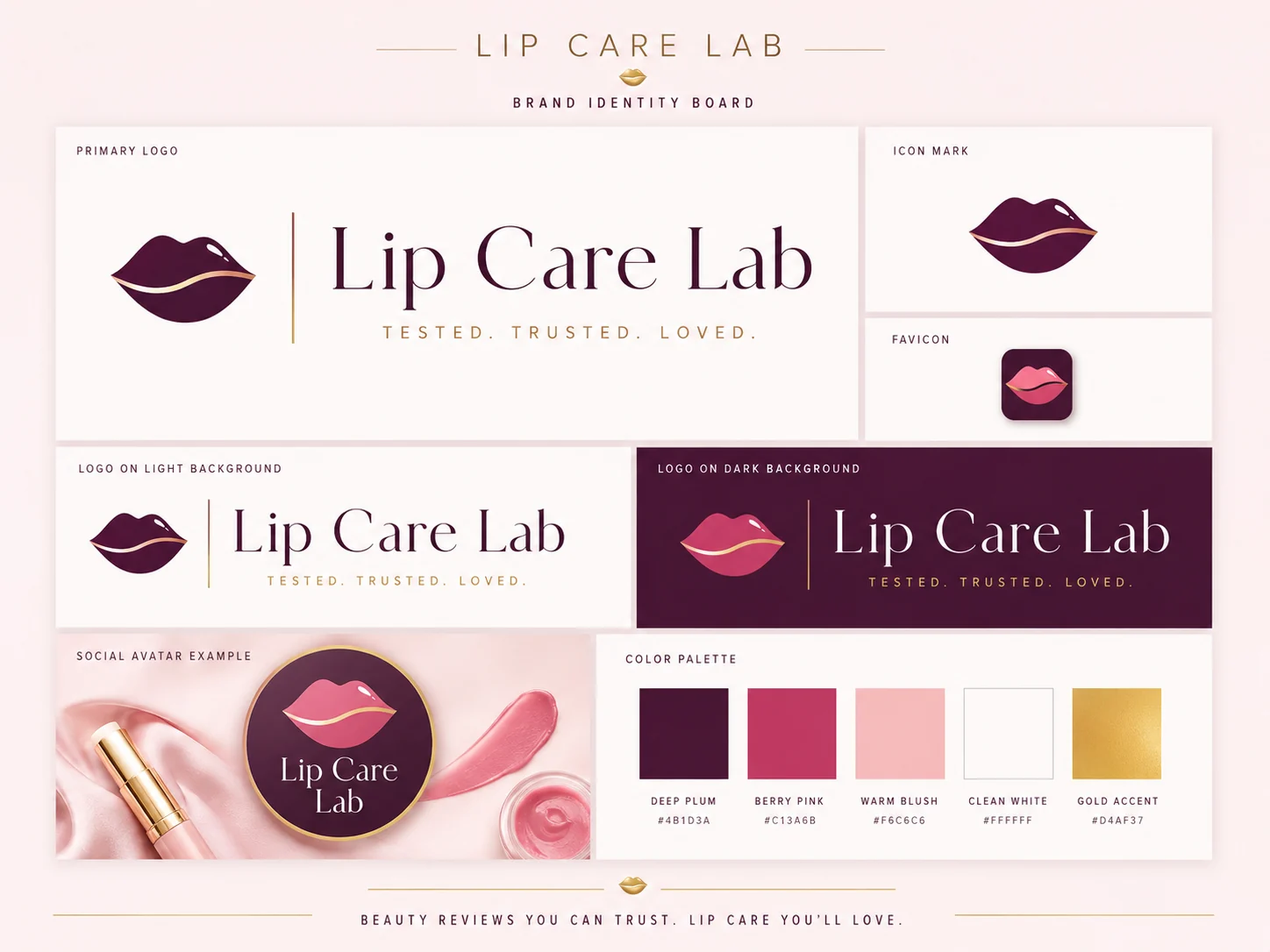 Lip Care Lab brand identity board with logo, icon, favicon, avatar, and color palette