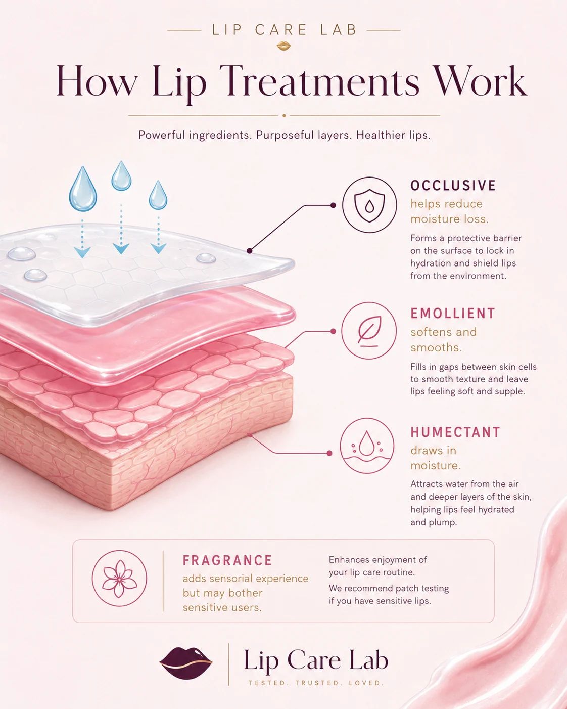 Diagram explaining humectants, emollients, occlusives, and fragrance in lip treatments