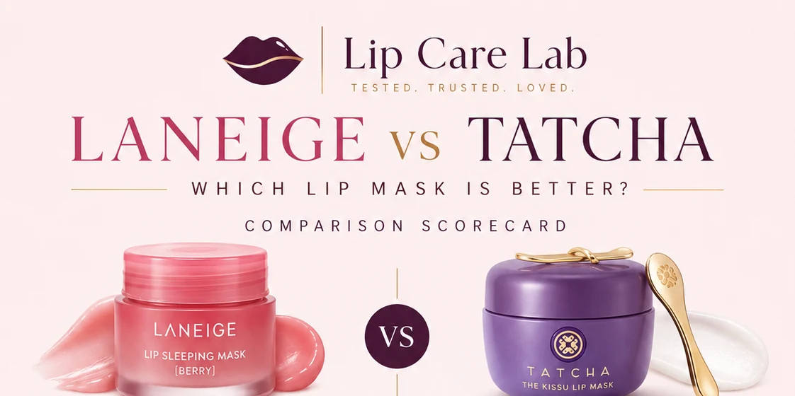 LANEIGE versus Tatcha lip mask comparison editorial artwork