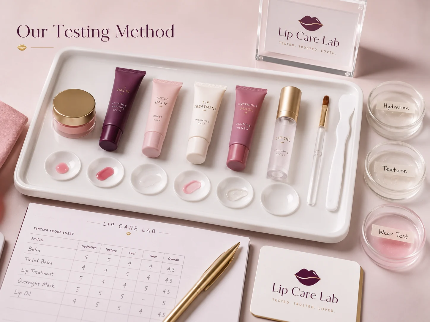 Illustrated lip-care product evaluation setup with score sheet and applicators