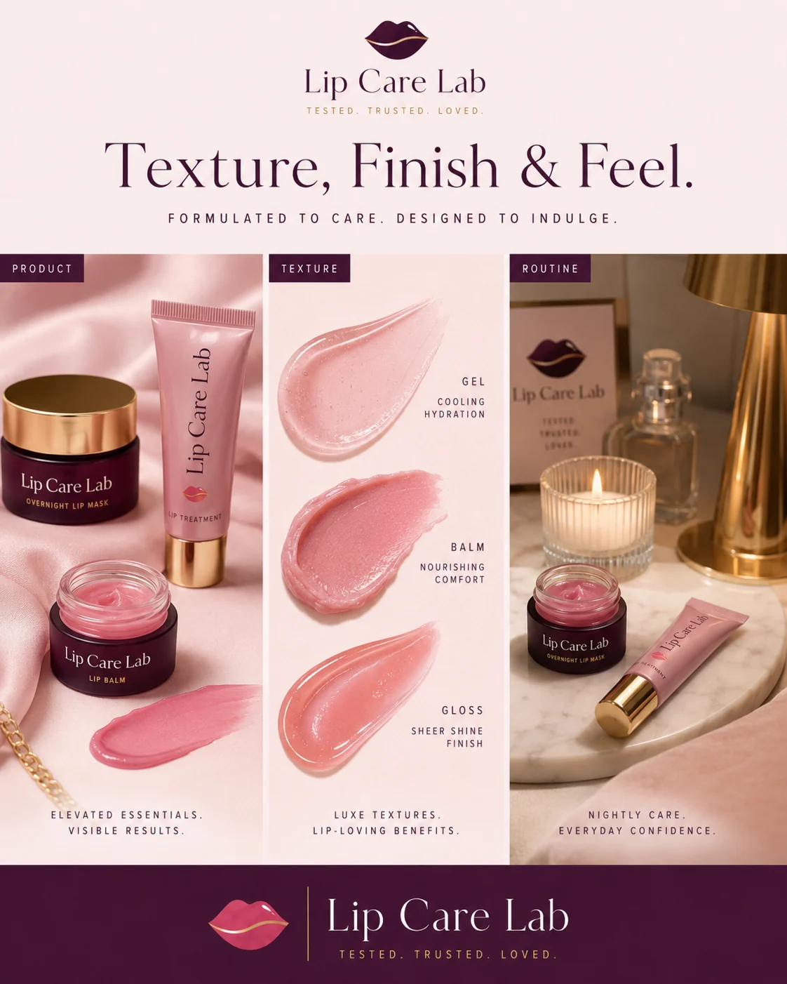 Editorial board showing lip treatment product presentation, texture swatches, and a night routine